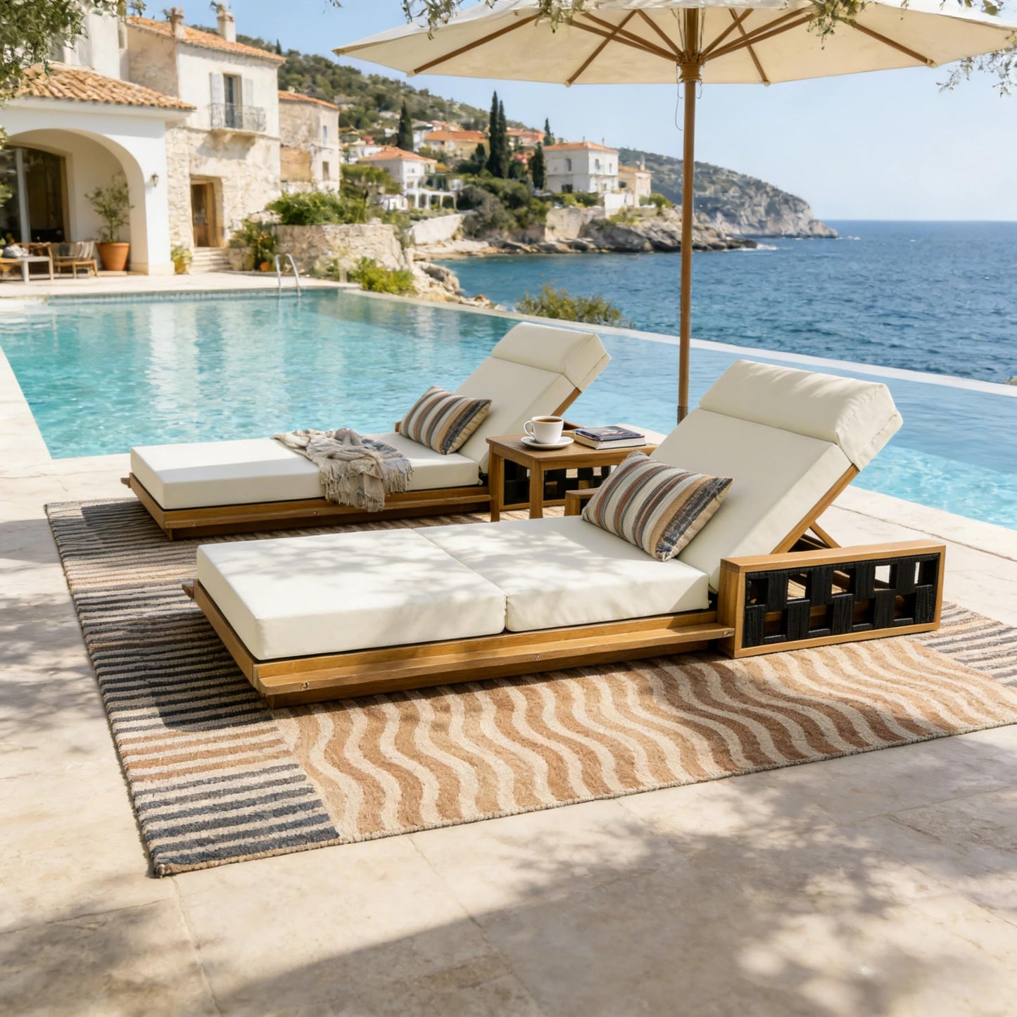 Merax Acacia Wood Patio Chaise Lounge Set of 2, Outdoor Reclining Chairs with 4-Position Adjustable Backrest, 2-Piece Sunbathing Recliner & 4" Thick Four-fold Cushion for Poolside, Garden, Beige