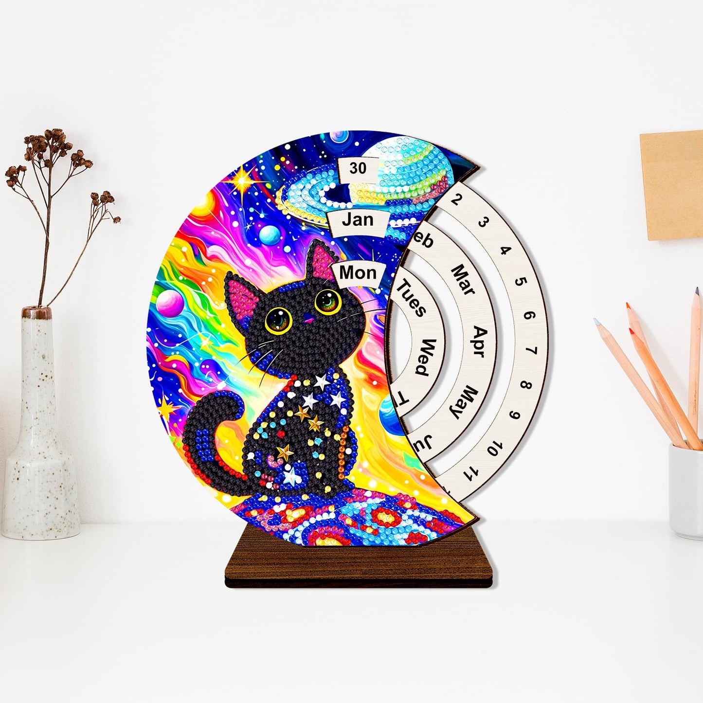 F-CANLAN 5D Diamond Painting Decorations Ornaments - Black Cat Calendar Decorated Desktop Diamond Painting with Gem Cat Calendar Decorated Desktop Paint with Diamonds for Room Decor (19X18 CM)
