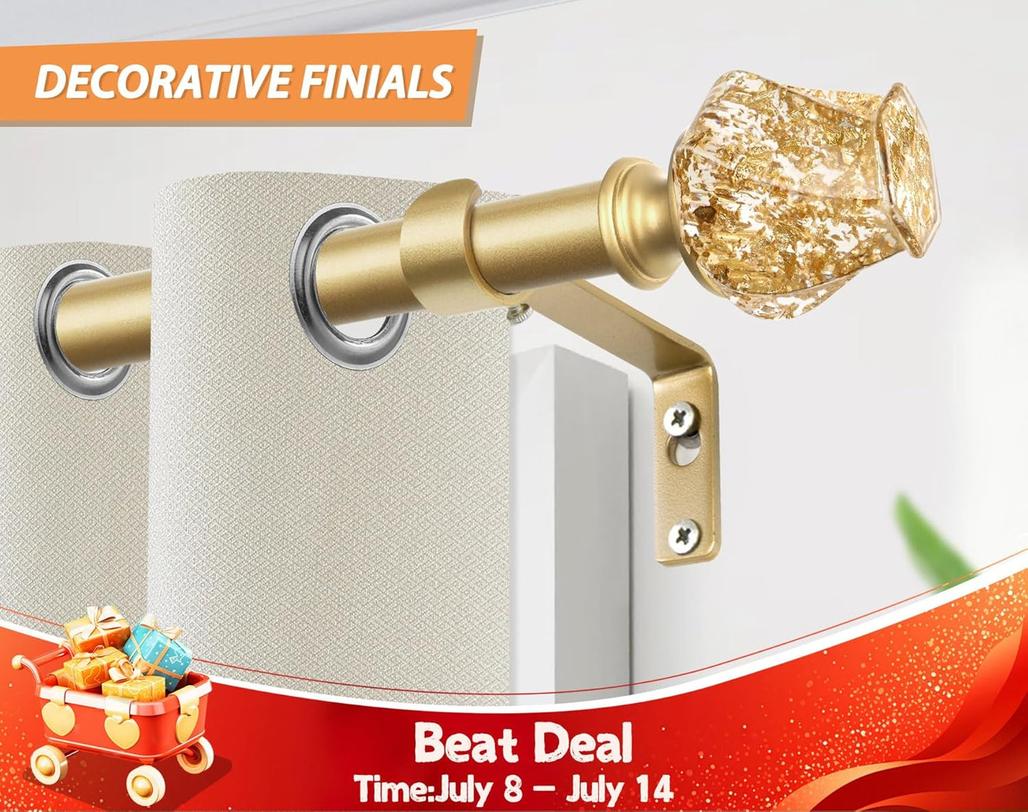 HOTOZON Heavy Duty Curtain Rod Gold, 32 to 58 Inch Decorative Single Drapery Rod with Exquisite Twisted Finials
