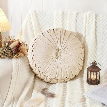 1 Pack (14.5 Inch, ROSE&RISY Round Pleated Velvet Throw Pillow, Decorative Accent Pumpkin Pillow Cushion for Couch Sofa