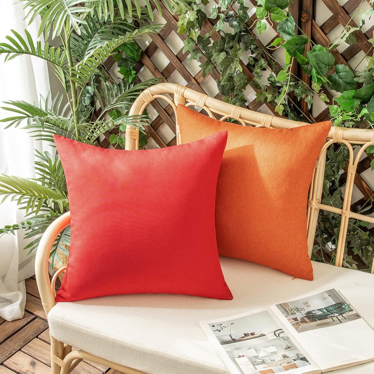Woaboy Set of 2 Red Outdoor Throw Pillow Covers, Decorative Waterproof Farmhouse Linen Cushion Cases 16x16 inch