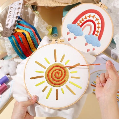 Yinder 5 Set Starter Embroidery Kit for Beginners Boho Cross Stitch with Patterns Embroidery Hoops Instructions Floss Punch Needlepoint Kits Crafts DIY Adult Beginner Cross Stitch(Rainbow)