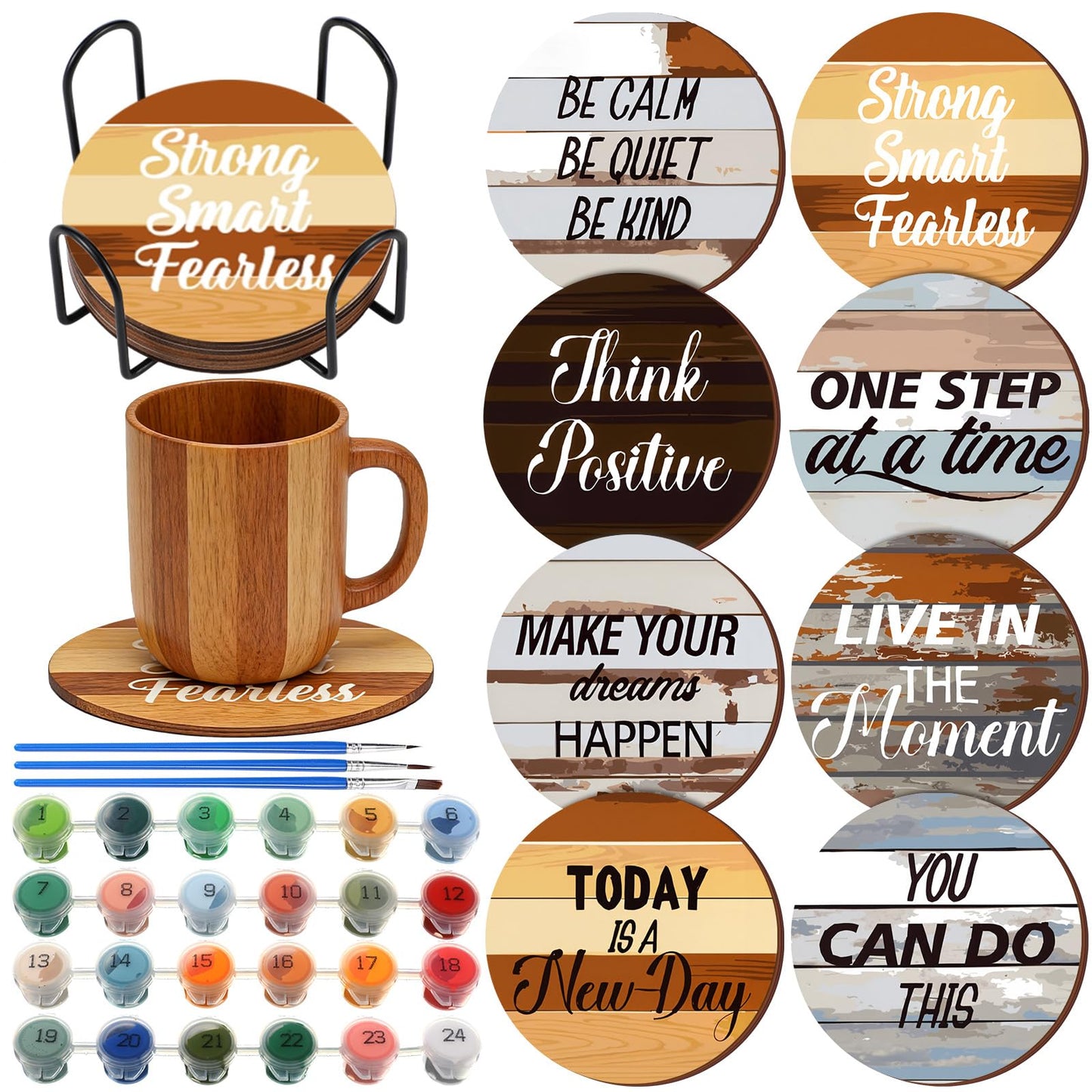 Reallnaive 8 Pcs Inspirational Paint by Numbers Kit for Adults Farmhouse Motivational Coasters with Holder Mini Paint by Numbers Wood Round Oil Painting Drink Coaster for Small DIY Craft Birthday Gift