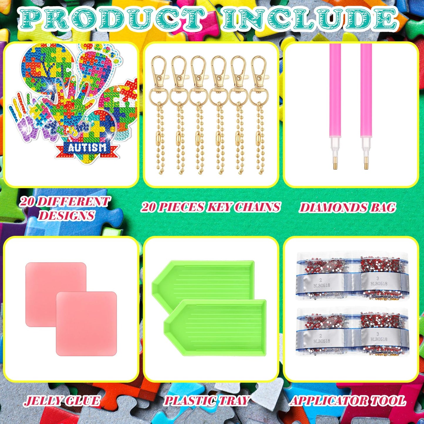 Landical 20 Pcs Autism Awareness Diamond Painting Keychain Autism Puzzle Diamond Art Keychain Kits DIY Keychain Aba Therapist Appreciation Gifts Keyring for Autism Gift Special Education Teacher Gift
