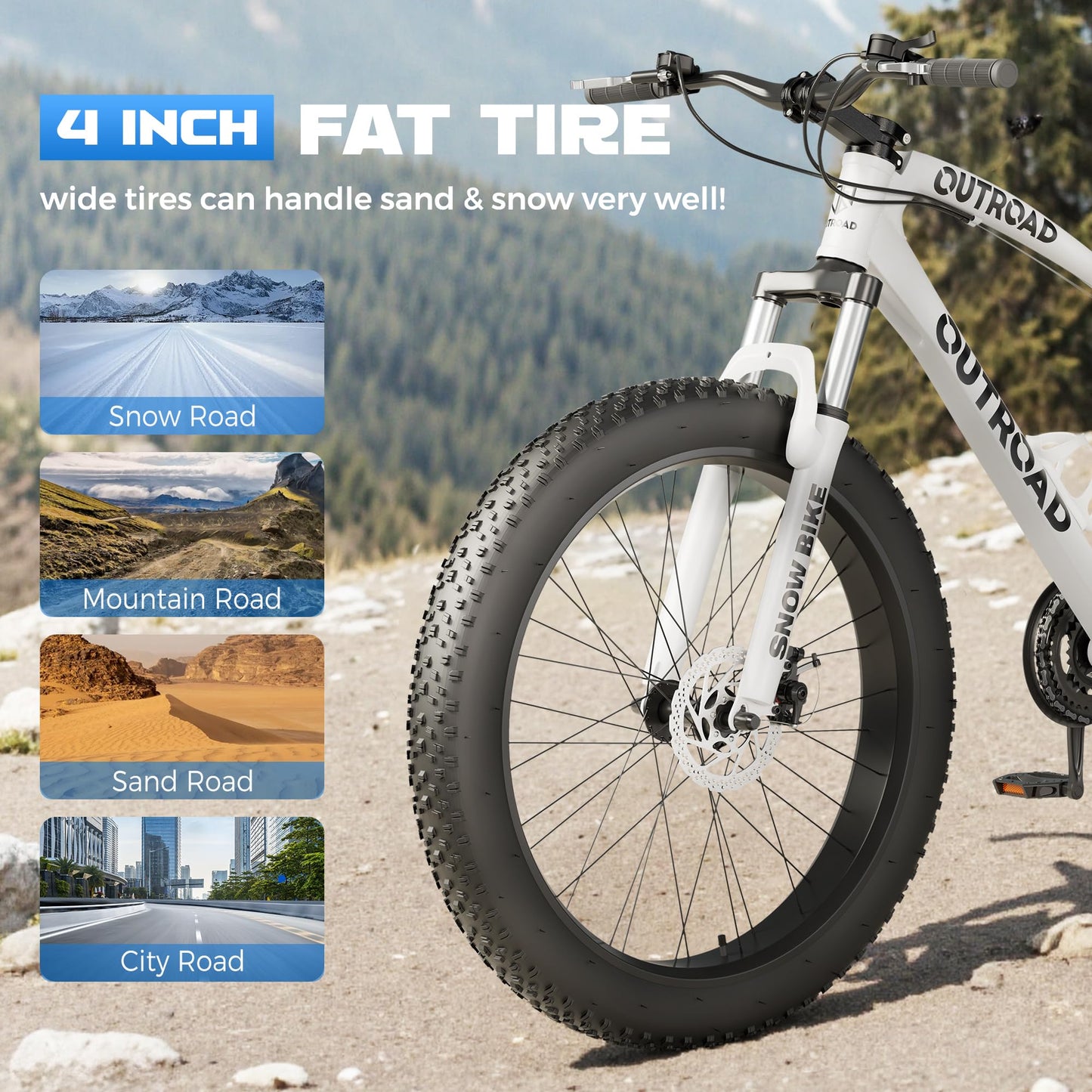 Incbruce 26 Inch Fat Tire Mountain Bike, High Carbon Steel Frame, 21 Speed MTB with Dual Disc Brakes for Men/Women/Adults (White)