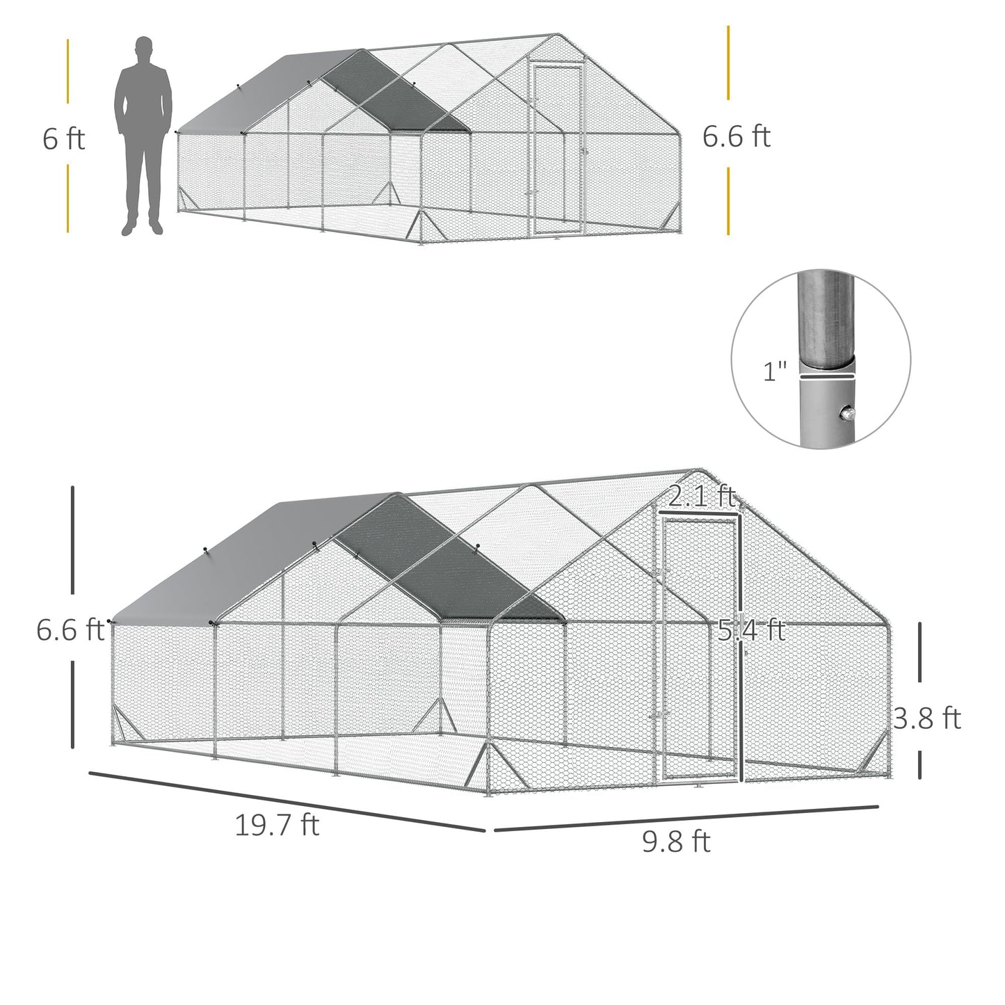 PawHut Large Chicken Coop Metal Chicken Run with Waterproof and Anti-UV Cover, Spire Shaped Walk in Fence Cage Hen House for Outdoor and Yard Farm Use, 1" Tube Diameter, 9.8' x 19.7' x 6.6'
