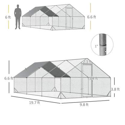 PawHut Large Chicken Coop Metal Chicken Run with Waterproof and Anti-UV Cover, Spire Shaped Walk in Fence Cage Hen House for Outdoor and Yard Farm Use, 1" Tube Diameter, 9.8' x 19.7' x 6.6'