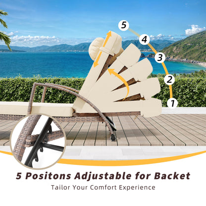 GarveeLife 2-Piece Rattan Patio Folding Chaise Lounge, 5-Position Adjustable Backrest Outdoor Lounge Chair with Cushion and Pillow for Poolside, Backyard, Deck, Porch, Beige