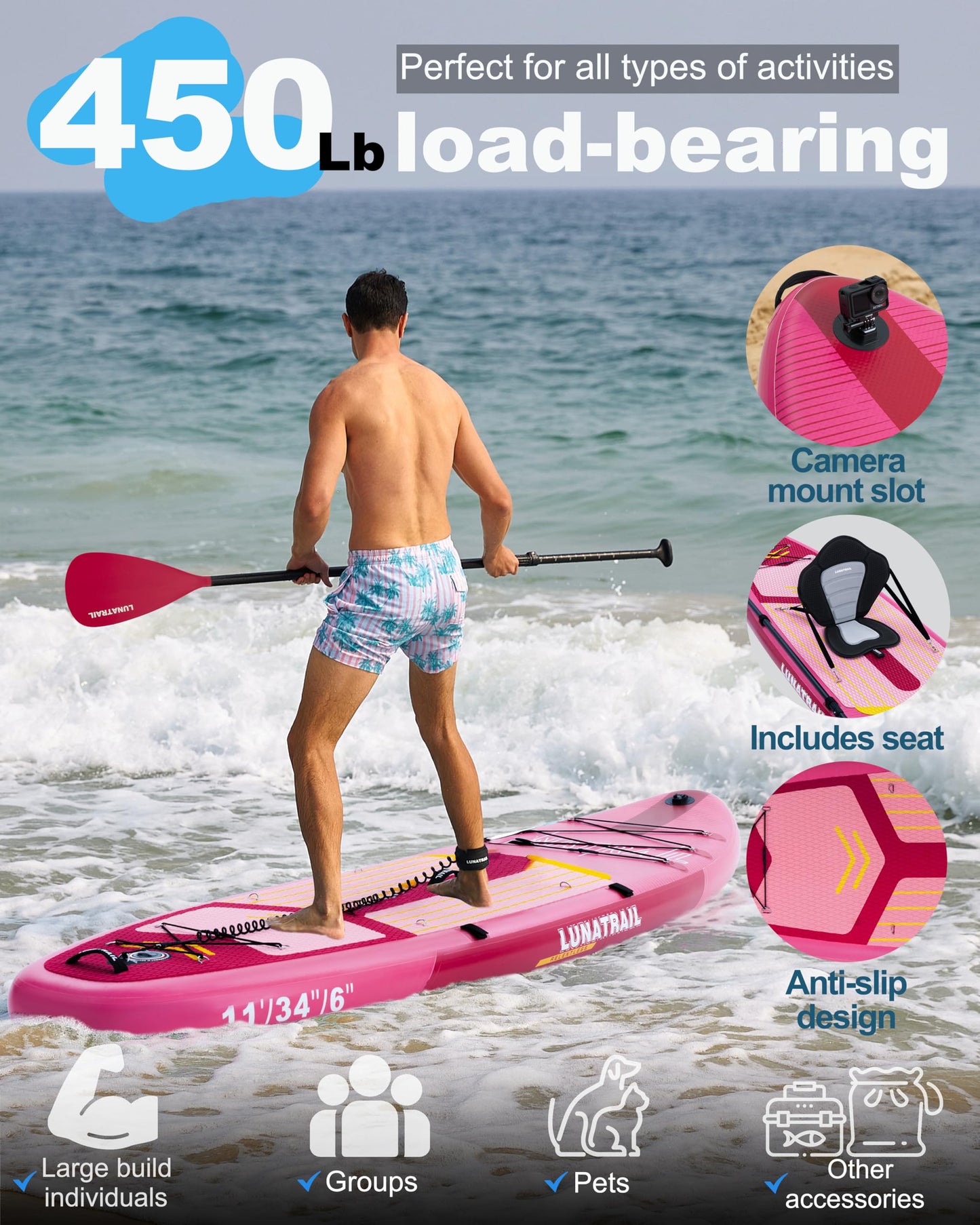 【11'×34"】 Extra Long/Extra Wide Premium Inflatable Stand Up Paddle Board (SUP) – Portable & Lightweight for Yoga, Surfing, Family Fun | Complete Kit with Paddle, Pump, Bag | Durable Design (Pink)