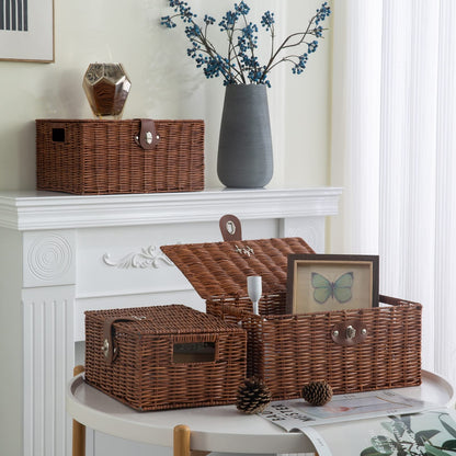 Homepeaz Set of 3 Woven Wicker Storage Basket Box with Lids & Lock, Built-in Carry Handles, Multifunctional Storage Organizer for Nursery, Baby, Clothes, Toys, Books, Large/Medium/Small Size (Natural)