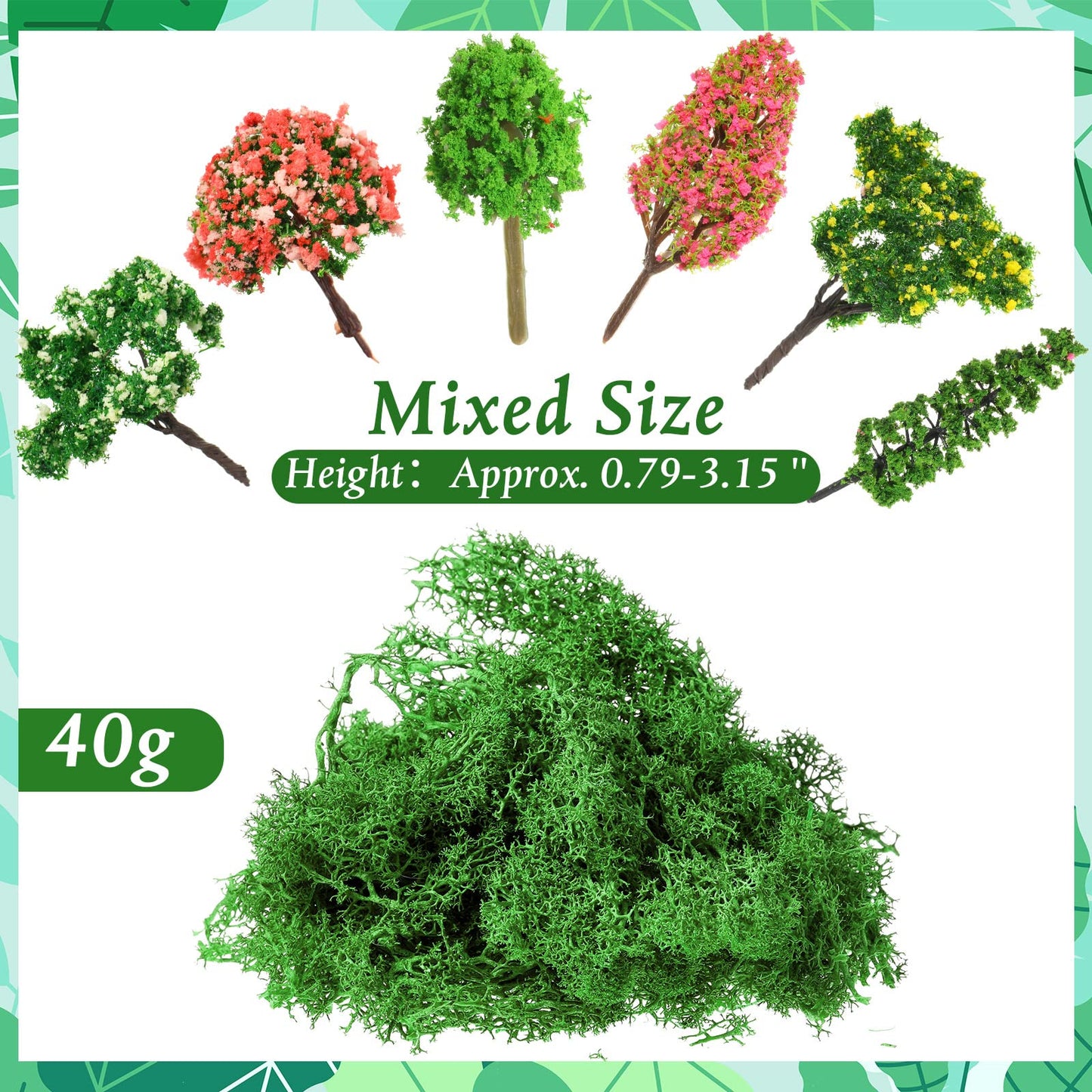 Canlierr 28 Pcs Tiny Model Trees with 40g Faux Green Moss, 0.79-3.15'' Diorama Trees Grass Mini Fake Miniature Trees Diorama Materials Kit for Diorama Box Craft Model Train Fairy Village