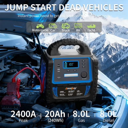 Amcelooy 2400A Car Battery Jump Starter and Portable Power Station – Starts 8.0L Gas & 8.0L Diesel – 6-in-1 Jump Starter with Air Compressor 100 PSI Tire Inflator – 400 Watt Inverter AC/DC/USB Outlets