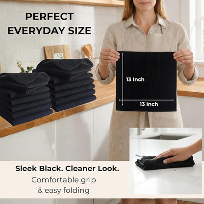 13"x13" Set 12 Kitchen Dish Cloths for Washing Dishes - Waffle Weave Cotton Dish Rag Towel - of Black Kitchen Washcloth
