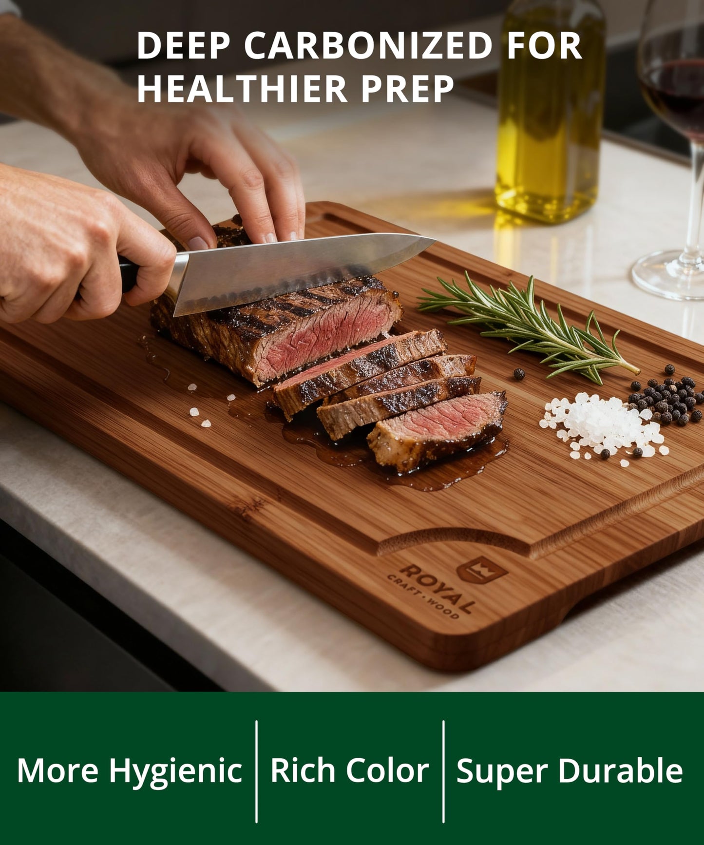 ROYAL CRAFT WOOD Wooden Cutting Boards for Kitchen Meal Prep & Serving - Bamboo Wood Serving Board Set with Deep Juice Groove Side Handles - Charcuterie & Chopping Butcher Block for Meat
