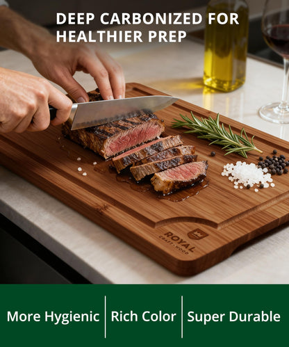 ROYAL CRAFT WOOD Wooden Cutting Boards for Kitchen Meal Prep & Serving - Bamboo Wood Serving Board Set with Deep Juice Groove Side Handles - Charcuterie & Chopping Butcher Block for Meat