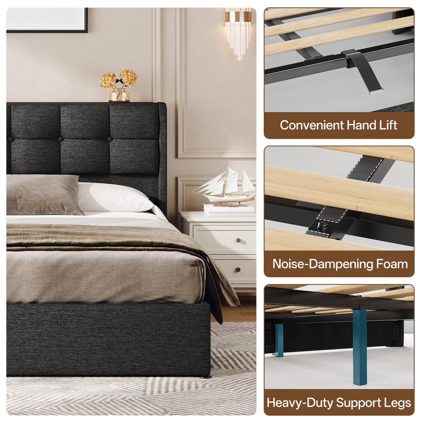 Vinabilia Lift Up King Size Bed Frame with Storage, Upholstered King Bed Frame with Wingback Headboard, No Box Spring Needed, Easy Assembly - Dark Grey
