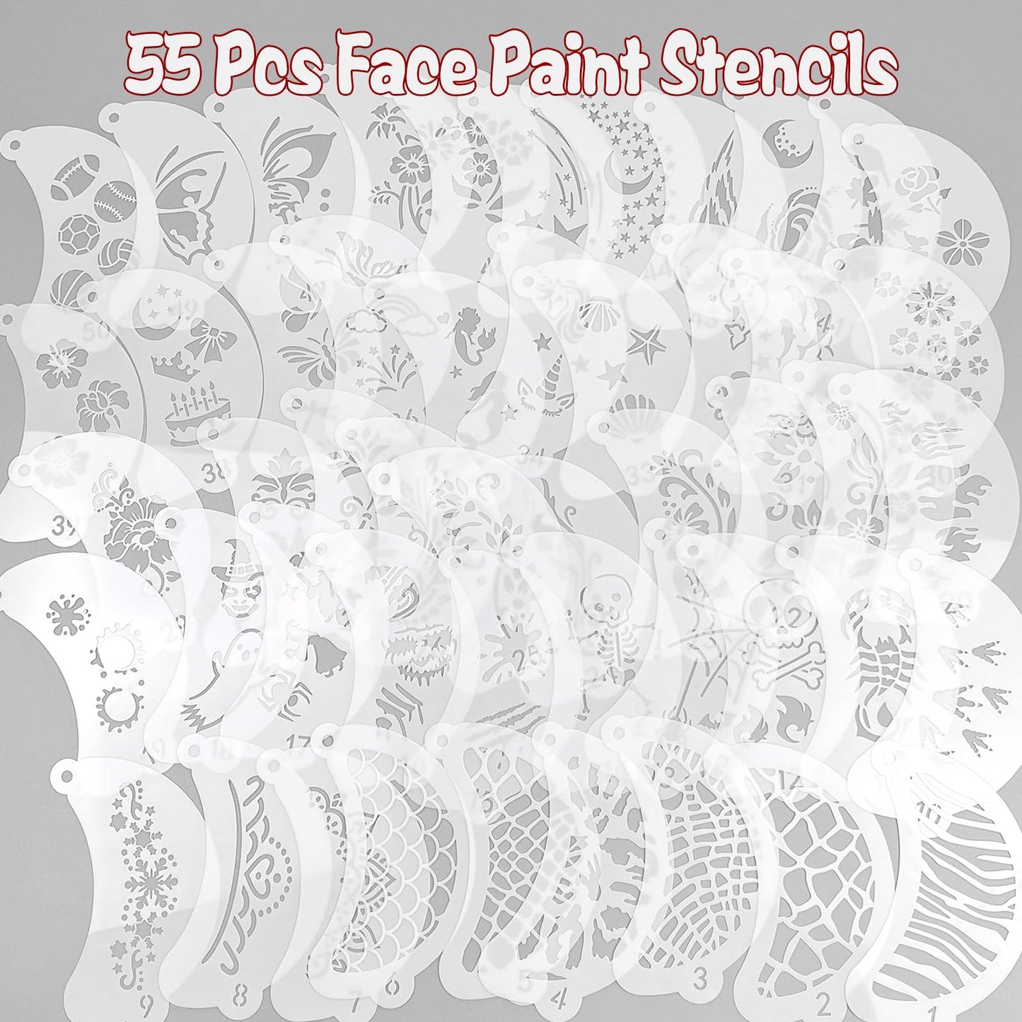55 Pcs Face Paint Stencils, Reusable Face Painting Stencils Washable Body Makeup Art Tattoo Templates Flowers Animals Shapes Elements with Hanging Hole for Party Holiday Halloween, White Translucent