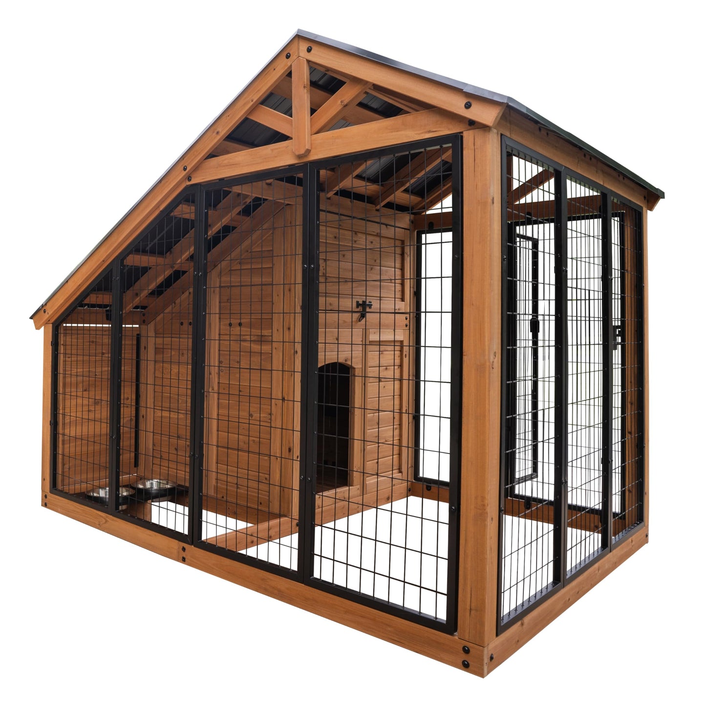 Backyard Discovery 7' x 5' Waggin' Retreat Cedar Wood Large Dog Kennel with Galvanized Steel Roof, Feeding Door, Doghouse Back Door, Water and Food Tray, Secure Lock Gate for Safe Outdoor Pet Shelter