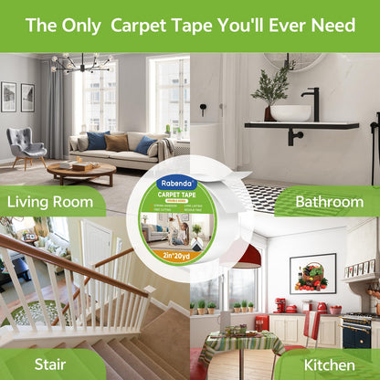 Rabenda Double Sided Carpet Tape - 2 Inch x 20 Yards Removable Rug Tape for Hardwood Floors, Tile & Laminate - No Residue Strong Hold Anti Slip Gripper for Area Rugs, Mats & Carpets