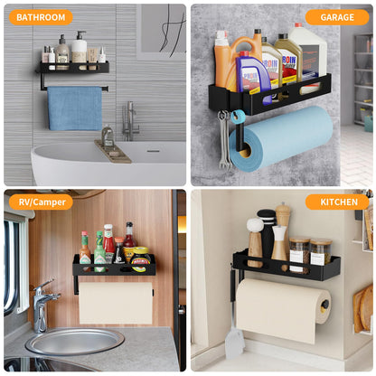 Paper Towel Holder Wall Mount for Kitchen, Paper Towel Holder with Shelf for Bathroom, RV Paper Towel Rack, Spice Rack with 2 Hooks,Matte Black