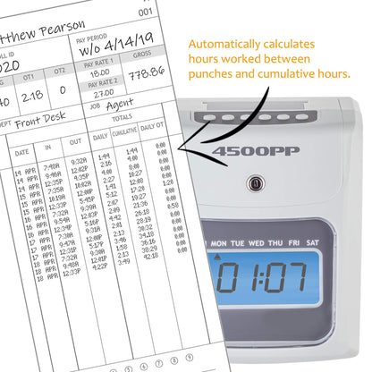 Nile Products - 4500PP Electronic Calculating Time Clock, Employees in/Out Time Tracker, Small Business Punch Pack Bundle Includes: 25 Time Cards,1 Ink Ribbon and 2 Security Keys