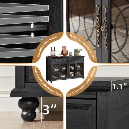 Joaxswe Farmhouse Sideboard Buffet Cabinet with Storage,59" Large Credenza with 4 Glass Doors & 2 Drawers,Adjustable Shelves Console Table,Wood Kitchen Coffee Bar for Dining Room,Living Room,Black