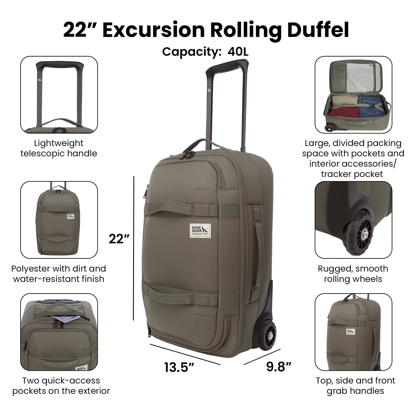 Eddie Bauer Excursion Traveling 22 Rolling Duffel Bag with Lightweight Telescopic Handles and Rugged Wheels - 40L, Spruce
