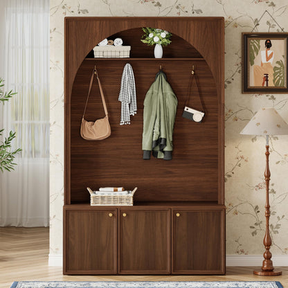 Merax Farmhouse Hall Tree with Bench and 3 Cabinets, 4-in-1 Entryway Coat Rack with 4 Golden Hooks and Top Compartments, 77.5" Retro Arched Entryway Hall Tree for Hallway, Mudroom, Entrance, Walnut