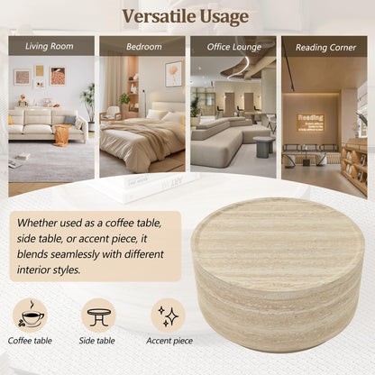 Merax 27.5" Round Coffee Table with Faux Luxury Marble Look, Drum Small Center Table with Strong Structure, Minimalist Mars Pattern End Table for Living Room, Bedroom, No Assembly Required, Beige