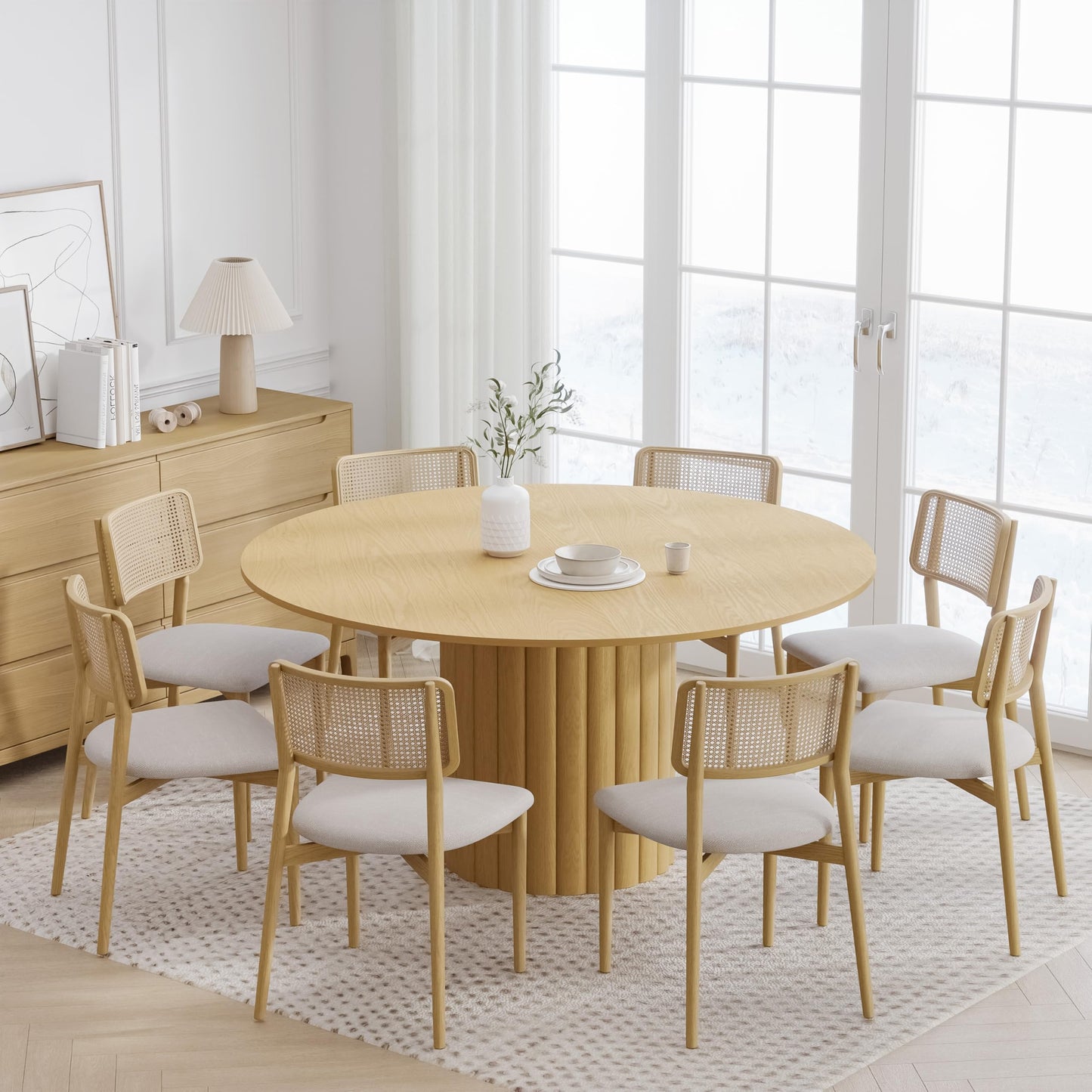 Casaphoria 60" Round Dining Table, Modern Wood Kitchen Table with Cylindrical Wide Bar Protruding Base for Living Room & Dining Room, Easy Assembly Farmhouse Furniture for 4-6, Oak