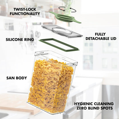Prestoor Leakproof Food Storage Container Set with Twist-Lock Lids, 3-Pack BPA-Free Stackable Pantry Canisters for Sugar, Flour, Pasta, Snacks(0.8qt (3.2 Cup), 1.9qt (7.6 Cup), 3qt (12 Cup)- Green