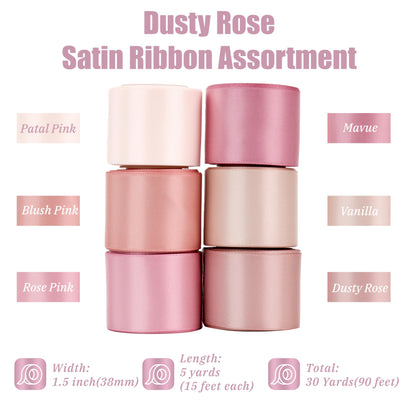 MAYREEL 1.5 Inch Dusty Rose Satin Ribbon Rose Pink Ribbon Thick Double Faced for Gift Wrapping Flower Bouquet Wedding Valentine's Day Mother's Day 6 Rolls x 5 Yards Total 30 Yards