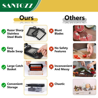 SANTOZZ Multifunctional Vegetable Chopper with Container, Vegetable Cutter with Interchangeable Blades, Onion Slicer, Garlic Grinder, Dicer for Potato, Carrot Chopper