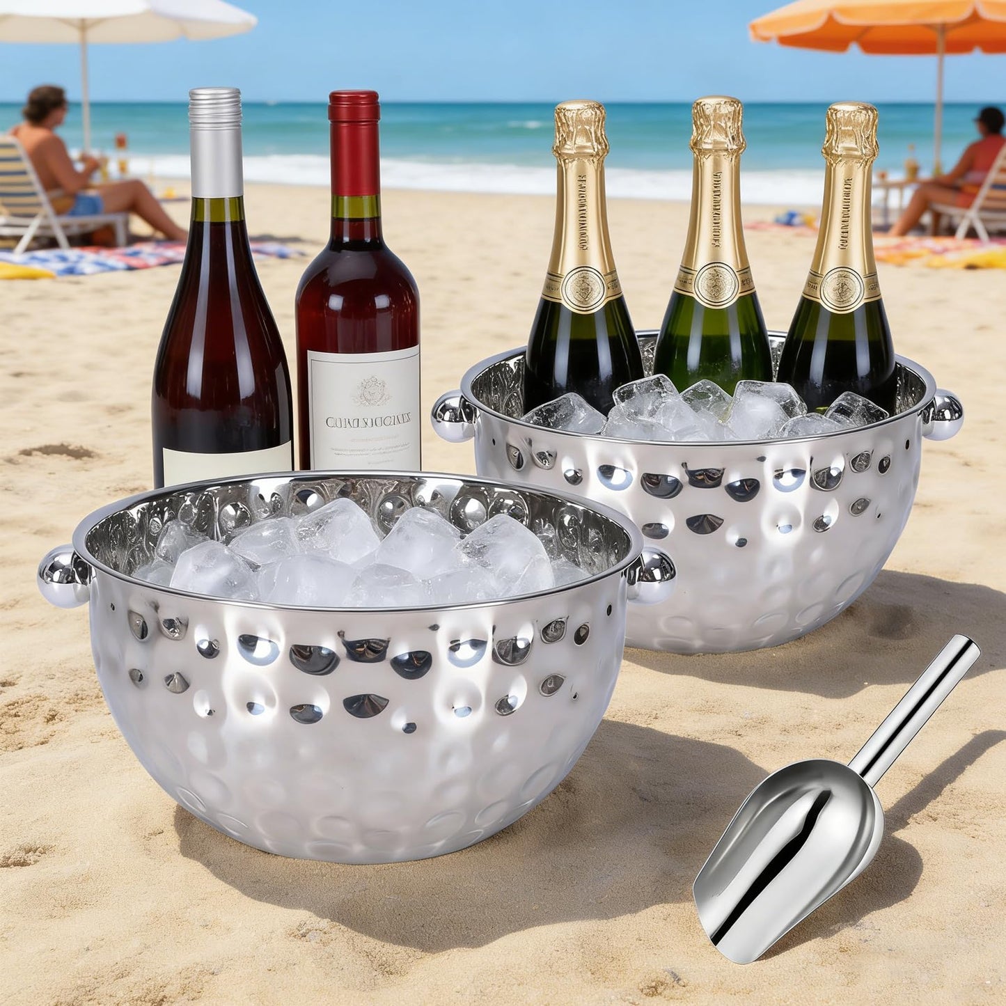 2 Set Ice Bucket for Freezer,Circle Stainless Steel Ice Cube Bin with Scoop＆Handle,Large Capacity Ice Container Champagne Bucket Carry Drink Storage Cooler,Halloween Ice Buckets for Partie