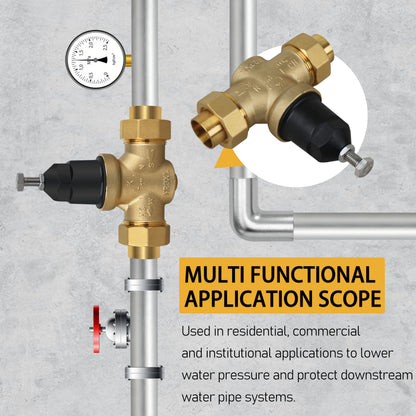 Water Pressure Regulator 1-NR3XLDU 1" with Double Union FNPT Connection Adjustable 15-75 PSI, Built-In Stainless Steel Strainer for Home, Commercial, Plumbing Applications
