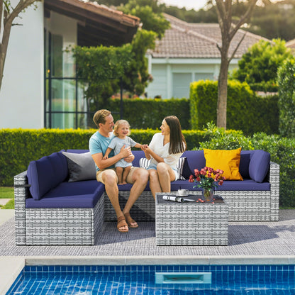 PATIOPIA 7-Piece Outdoor Sectional Sofa Set, Weather-Resistant Patio Furniture Set with Washable Cushions and Coffee Table, Grey Rattan Patio Conversation Set for Poolside, Backyard, Deck (Navy Blue)