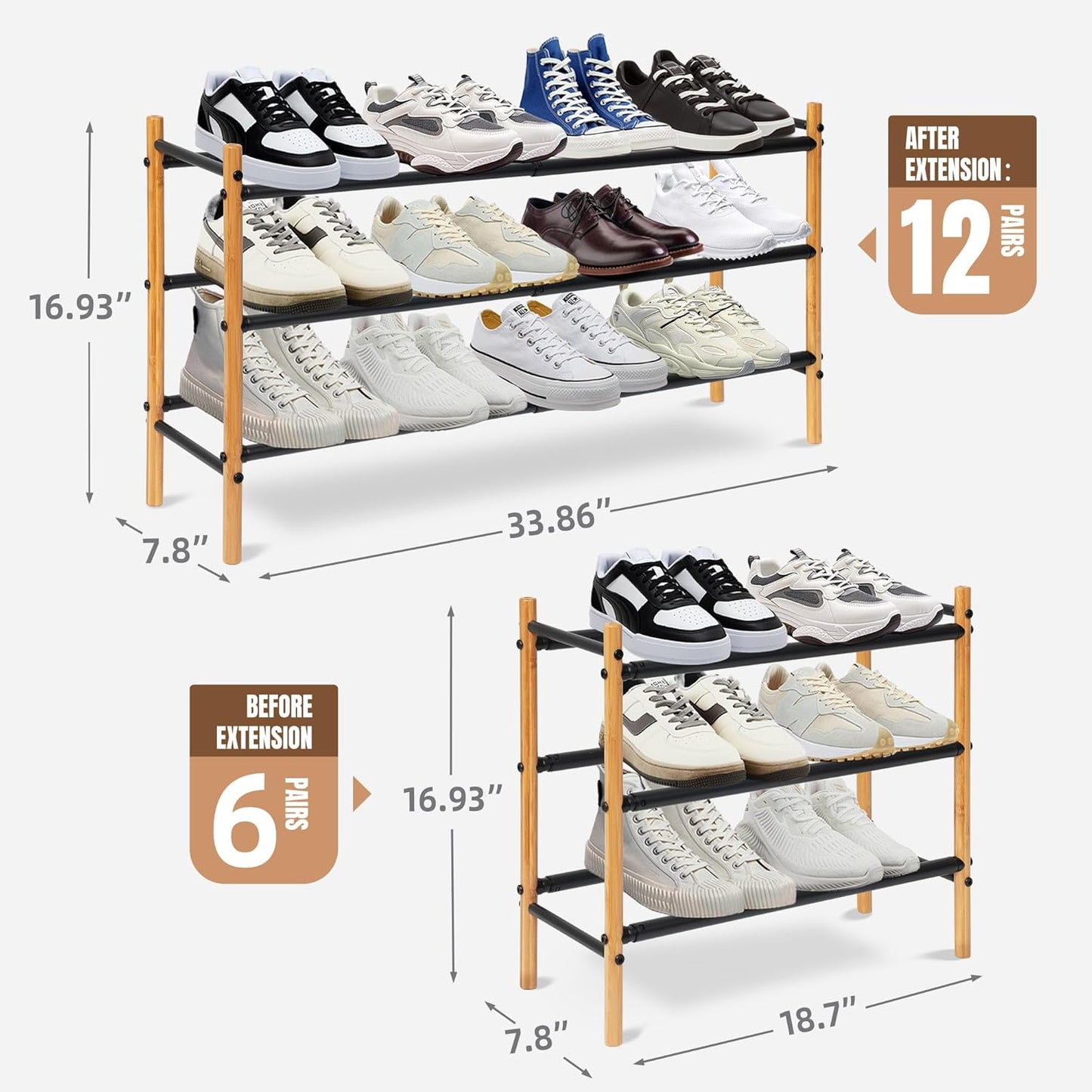 16 Closet, 4 STORAGE MANIAC Expandable Shoe Rack, Pairs Stackable Small Shoe Rack, Metal Adjustable Shoes Organizer
