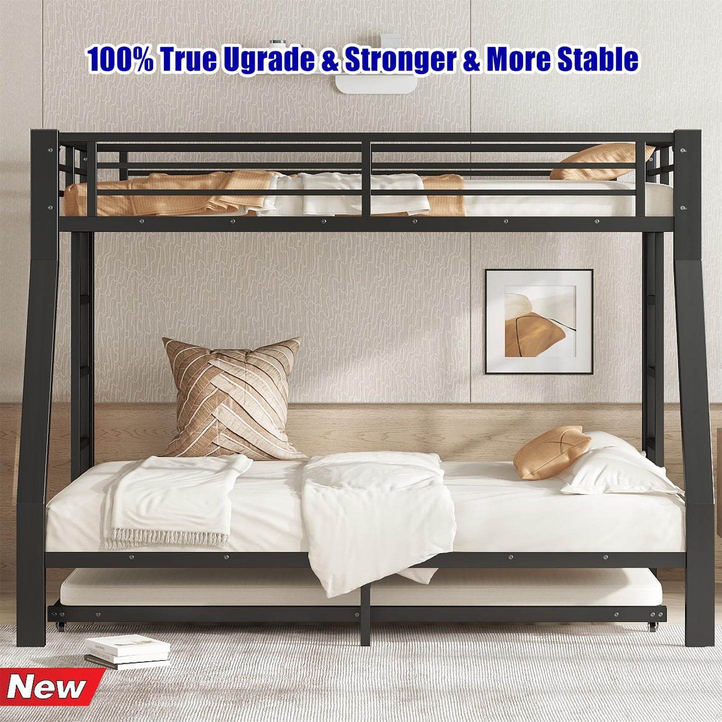 NOAHLEO Stronger & Safer Heavy Duty Metal Twin Over Full Bunk Bed with Twin Trundle for Adults Teens, More Stable Thickened Steel Bunkbed (Twin Over Full Bunk Bed with Twin Trundle)