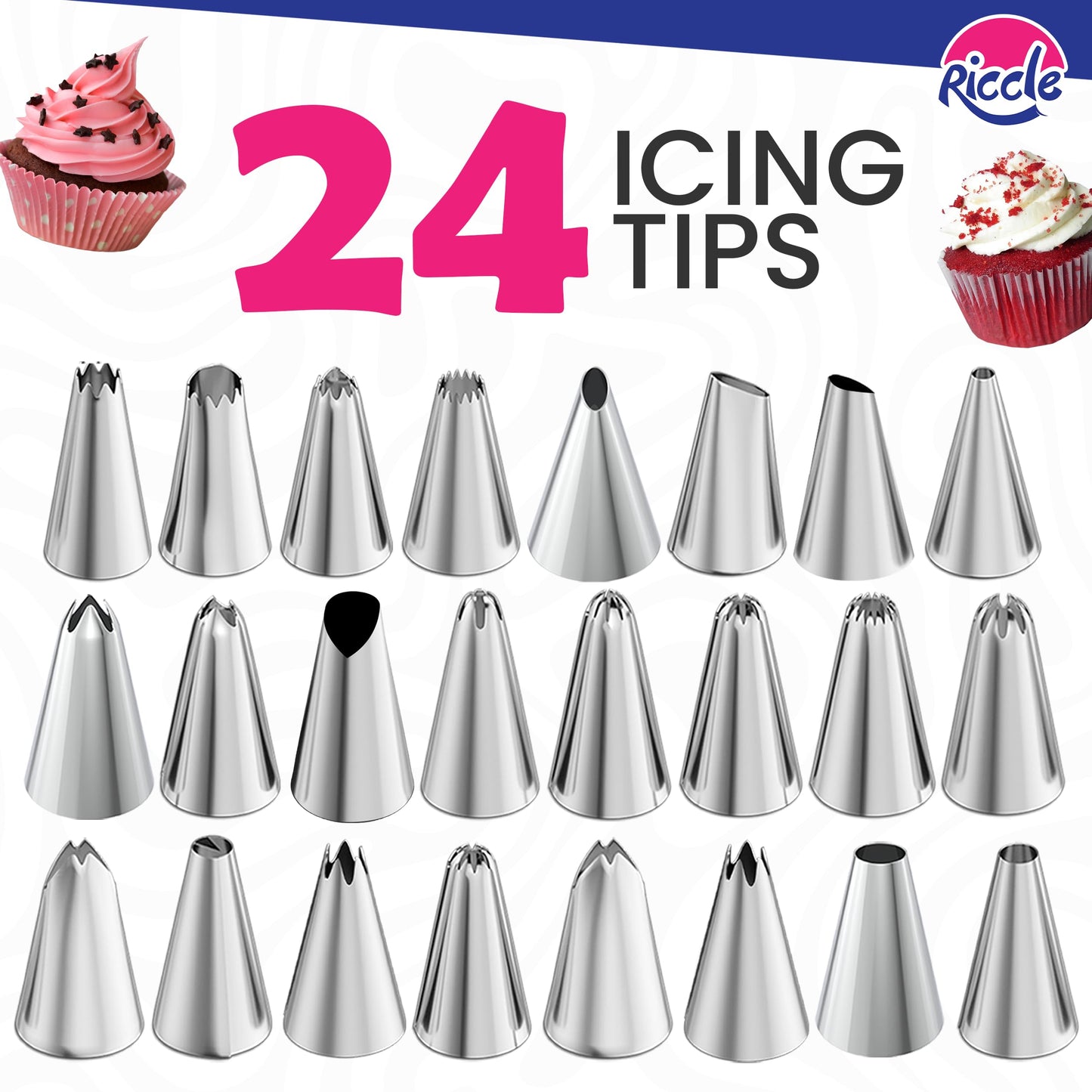 Riccle 88 pcs Cake Decorating Kit with Cake Turntable - Includes 50 Disposable + 2 Reusable Piping Bags and Tips Set, 24 Icing Piping Tips, 2 Spatulas, 3 Icing Comb Scraper, Baking Supplies