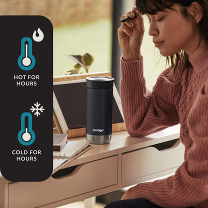 Huron Vacuum-Insulated Stainless Steel Travel Mug, 16oz Licorice - Leak-Proof Lid for Hot/Cold Beverages, Fits Most Cup Holdersand Brewers