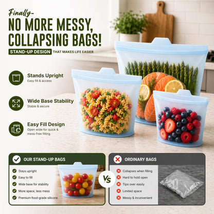 MALLIVA Premium Reusable Platinum Silicone Bags for Food Storage, 3 Pack(17, 34 & 51oz), Stand Up Ziplock Bags, Meal Prep Bag, Sandwich Bag, Snack Bag, BPA Free, Freezer, Microwave & Dishwasher-Safe