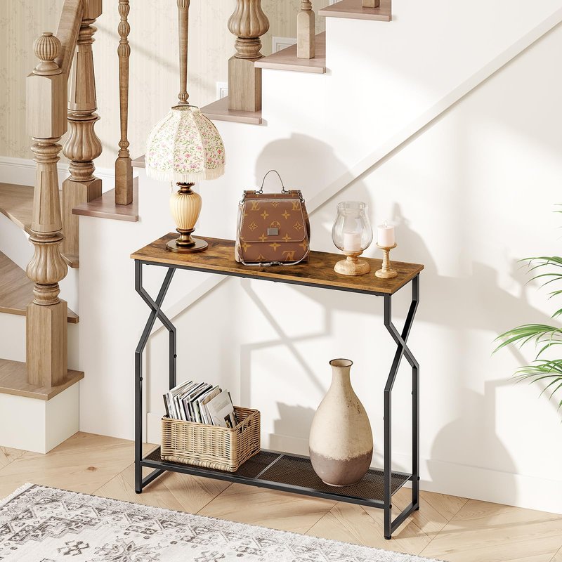 MAHANCRIS 2 Tier Console Table, Sofa Table, Narrow Entryway Table, Hallway Entrance Table, Hourglass-Shaped Frames, Adjustable Feet, for Entrance, Living Room, Hallway, Rustic Brown CTHR21301