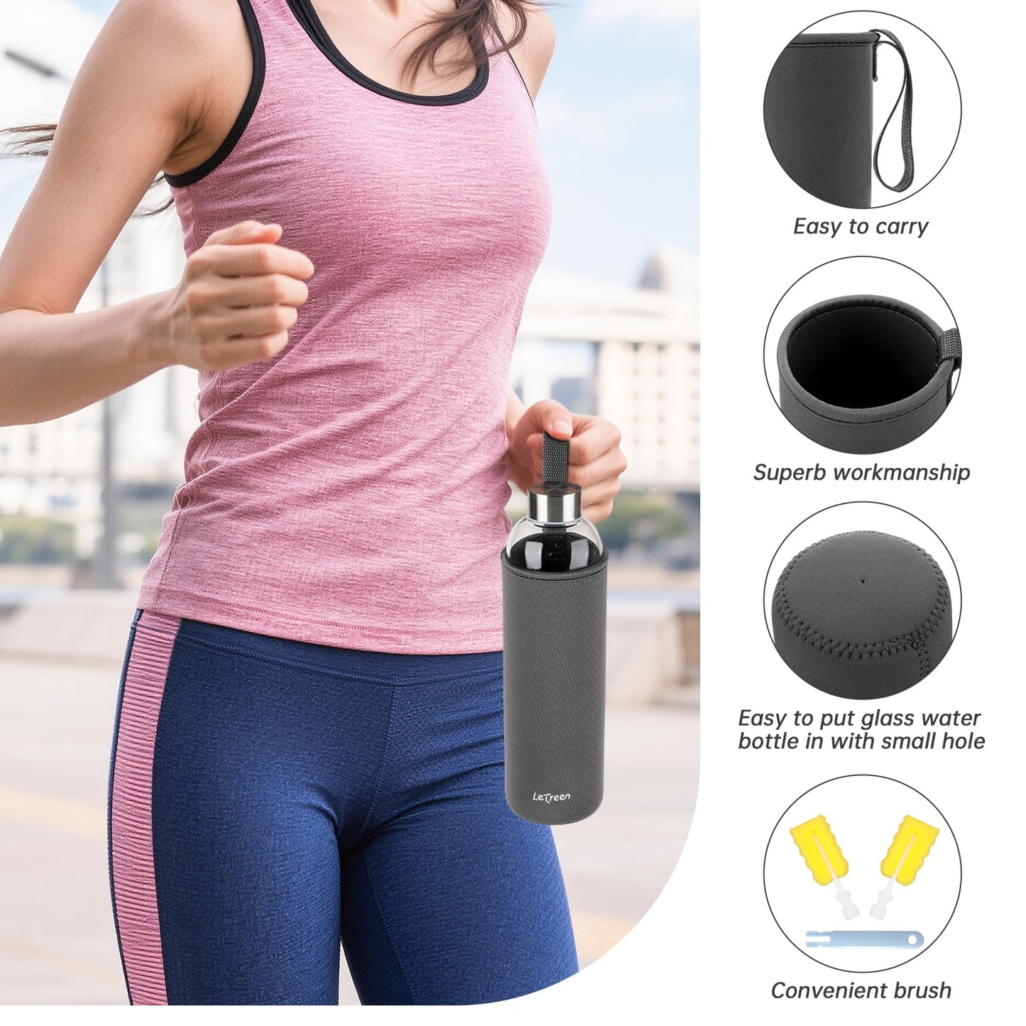 LETREEN Glass Water Bottle 32 oz, Borosilicate Glass Water Bottle with Neoprene Sleeve, BPA-Free Leak Proof Reusable for Hot Cold Drinks, Work, Gym, Home, Sport, Dark Gray