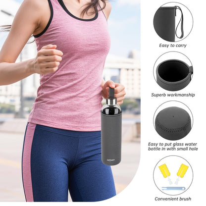 LETREEN Glass Water Bottle 32 oz, Borosilicate Glass Water Bottle with Neoprene Sleeve, BPA-Free Leak Proof Reusable for Hot Cold Drinks, Work, Gym, Home, Sport, Dark Gray