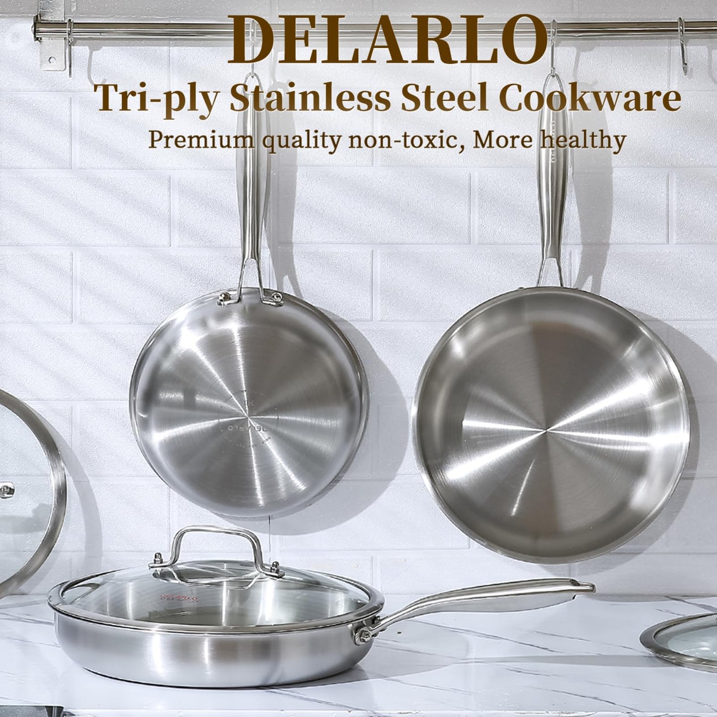 DELARLO Tri-Ply Stainless Steel Pan, 18/10 Frying Pan, Oven Safe Up to 600°F, Nontoxic Cookware, Compatible with All Cooktops Skillet, Durable, Fast Even Heat Fry Pan,12 inch Pan with Glass Lids