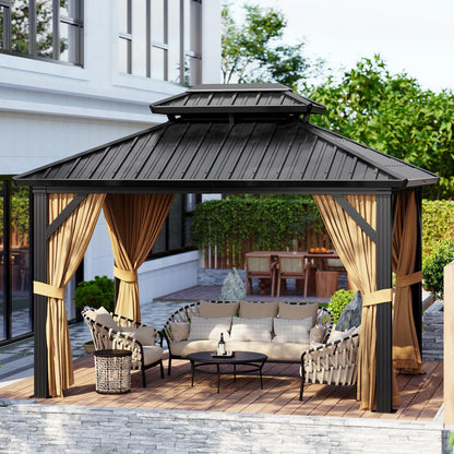10' x 10' Hardtop Gazebo, Galvanized Steel Double Roof with Curtains & Netting – Sturdy Aluminum Frame Outdoor Patio Gazebo for Garden, Lawn, Deck and Backyard