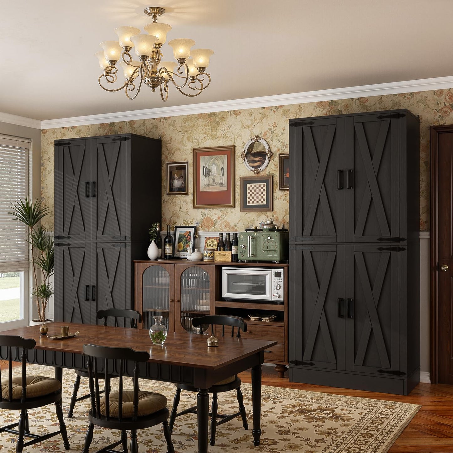 Unikito 71" Tall Kitchen Pantry Cabinet with Farmhouse Barn Doors and Storage Drawer, 4 Adjustable Shelves, Freestanding Cupboard for Kitchen, Dining Room, Living Room, Utility Room, Black 2 Pack