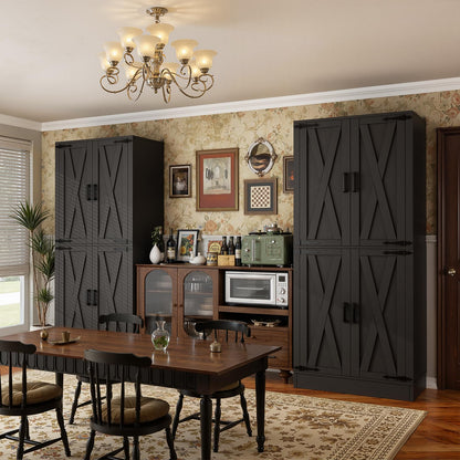 Unikito 71" Tall Kitchen Pantry Cabinet with Farmhouse Barn Doors and Storage Drawer, 4 Adjustable Shelves, Freestanding Cupboard for Kitchen, Dining Room, Living Room, Utility Room, Black 2 Pack