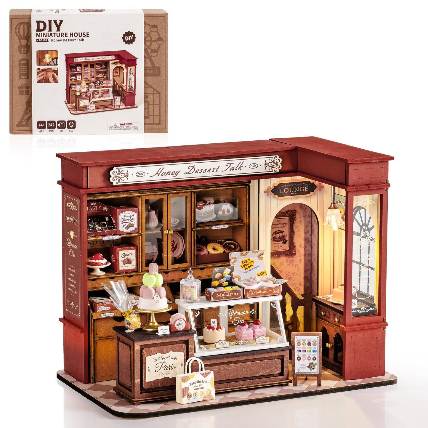 ROBOTIME DIY Miniature House Kit, Mini Wooden Dollhouse Kit for Adults, Building Kit with LED Light, Diorama Model,Halloween/Christmas/Birthday Gifts for Family/Friends (Honey Dessert Talk)