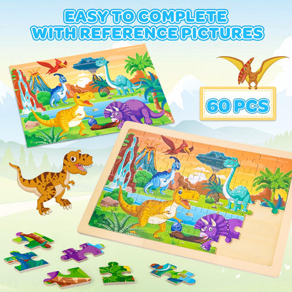 LACCHOUFEE 6 Pack Wooden Vehicle Puzzles for Kids Age 3 4 5 Year Old, 60 Pcs Montessori Toddler Animals Jigsaw Puzzles for Girl boy Activities Preschool Learning Birthday Gift Travel Autistic Toy